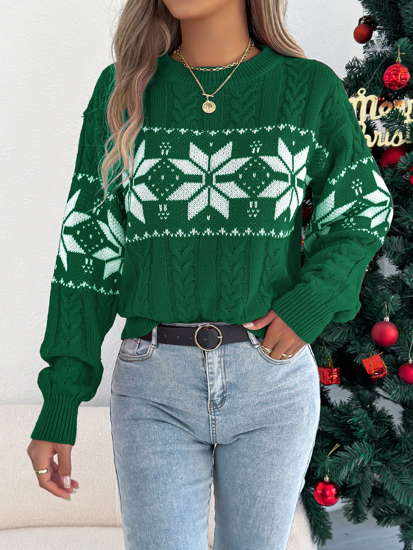 Christmas Woman Sweater, Autumn Winter Casual Contrast Color Knitted Top, Snowflake Pattern Long Sleeved Pullover