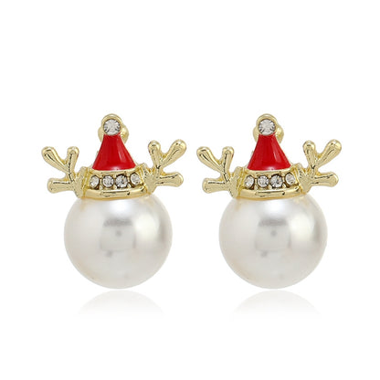 Pearl Snowflake Bell Elk Christmas Jewelry Accessories, New Trendy Rhinestone Imitation Christmas Hat Stud Earrings