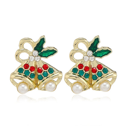 Pearl Snowflake Bell Elk Christmas Jewelry Accessories, New Trendy Rhinestone Imitation Christmas Hat Stud Earrings