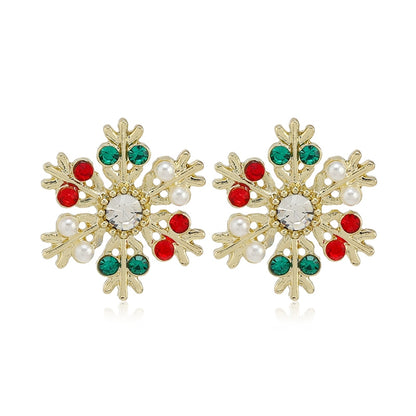 Pearl Snowflake Bell Elk Christmas Jewelry Accessories, New Trendy Rhinestone Imitation Christmas Hat Stud Earrings