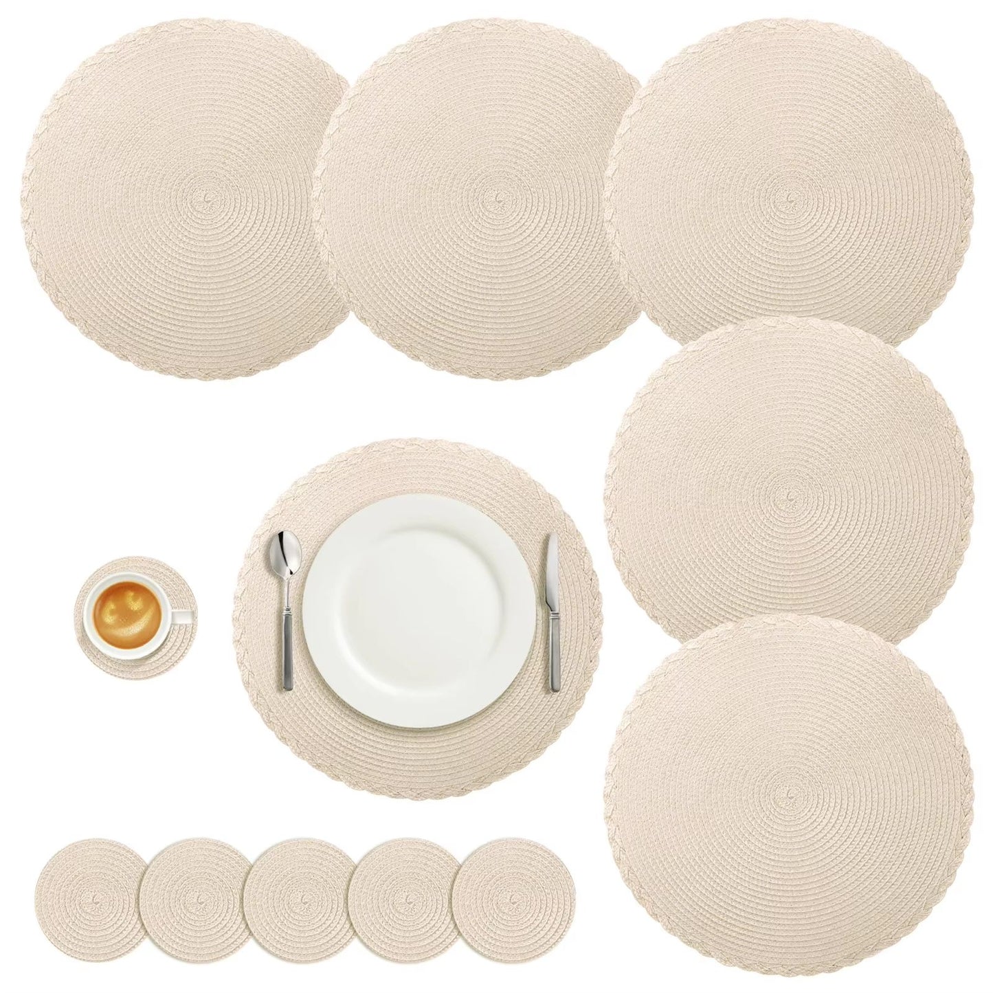 BraidedCircle Luxe Table Mat Set  6Piece Round Woven HeatResistant Placemats For Dining  Decor 10