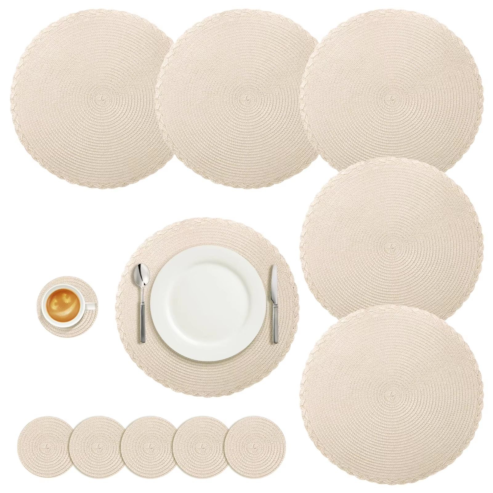 BraidedCircle Luxe Table Mat Set  6Piece Round Woven HeatResistant Placemats For Dining  Decor 10