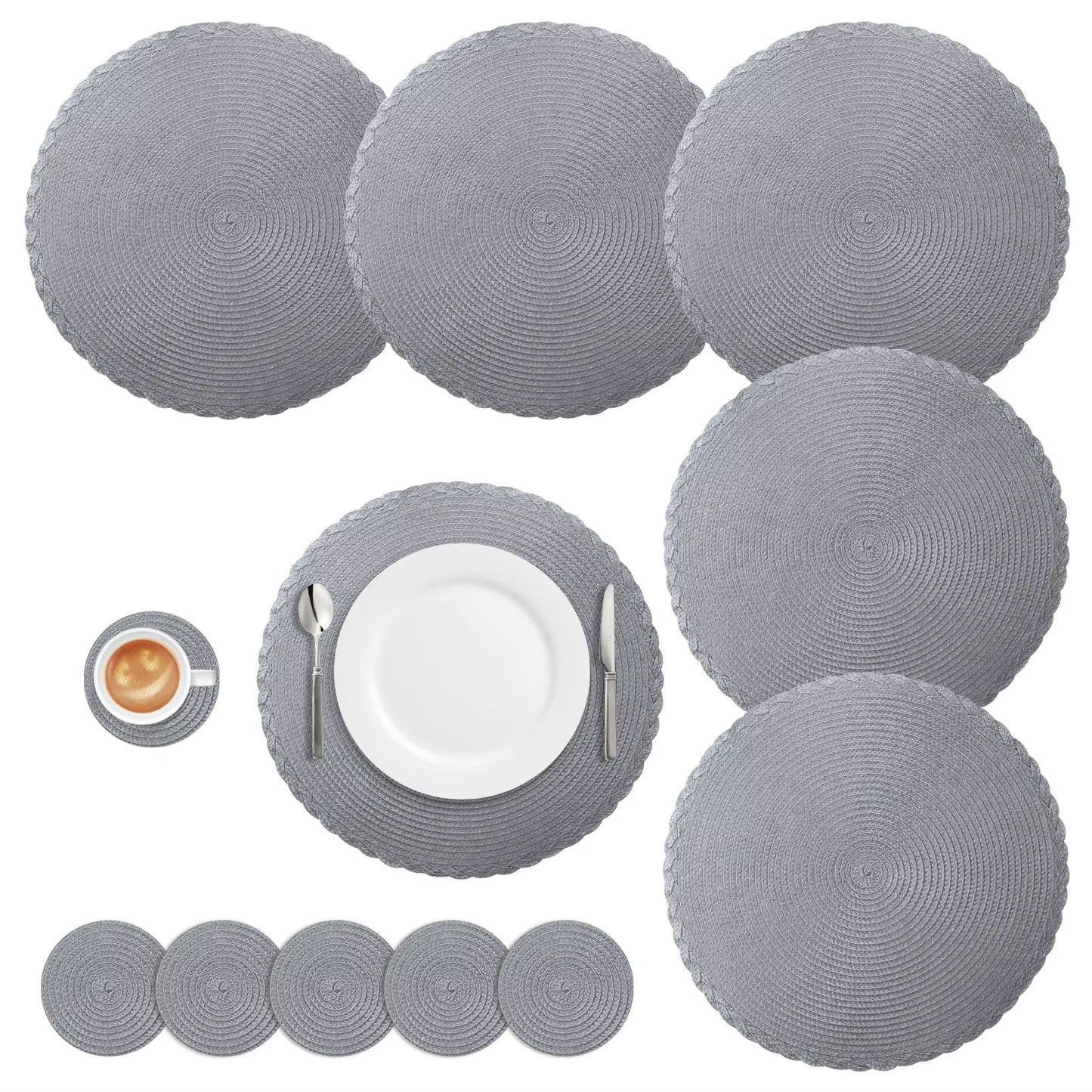 BraidedCircle Luxe Table Mat Set  6Piece Round Woven HeatResistant Placemats For Dining  Decor 12
