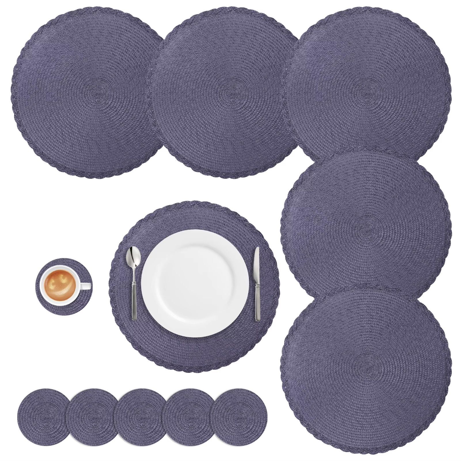 BraidedCircle Luxe Table Mat Set  6Piece Round Woven HeatResistant Placemats For Dining  Decor 13