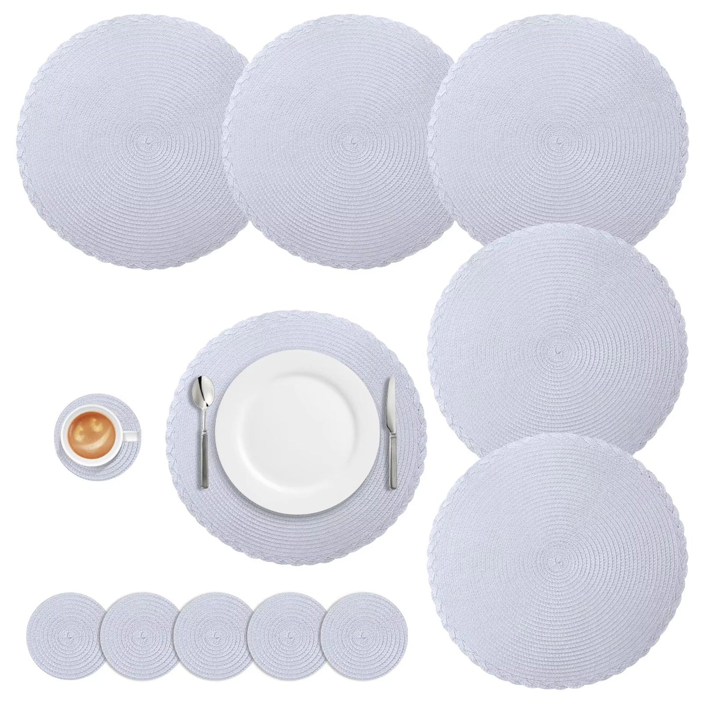 BraidedCircle Luxe Table Mat Set  6Piece Round Woven HeatResistant Placemats For Dining  Decor 15