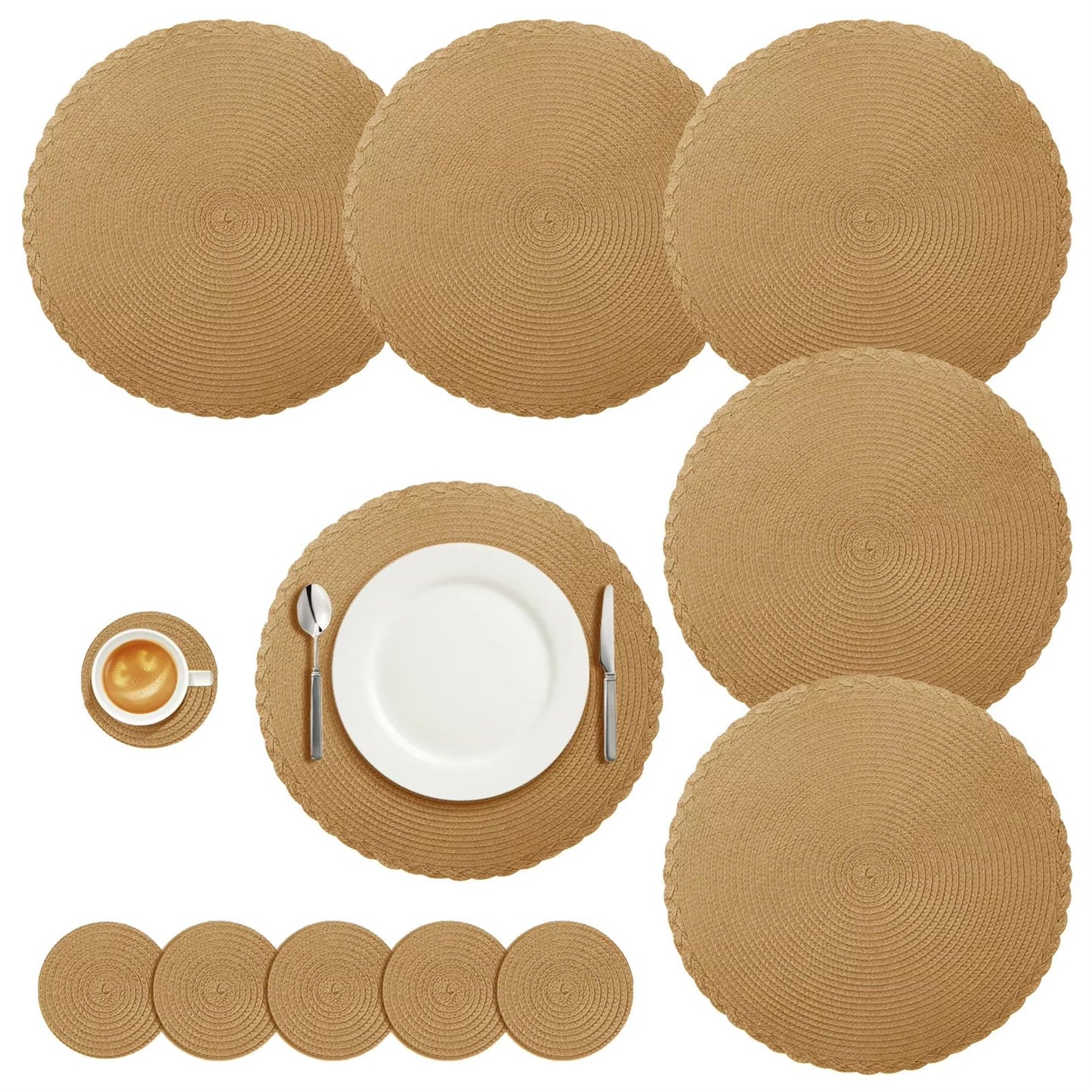 BraidedCircle Luxe Table Mat Set  6Piece Round Woven HeatResistant Placemats For Dining  Decor 16