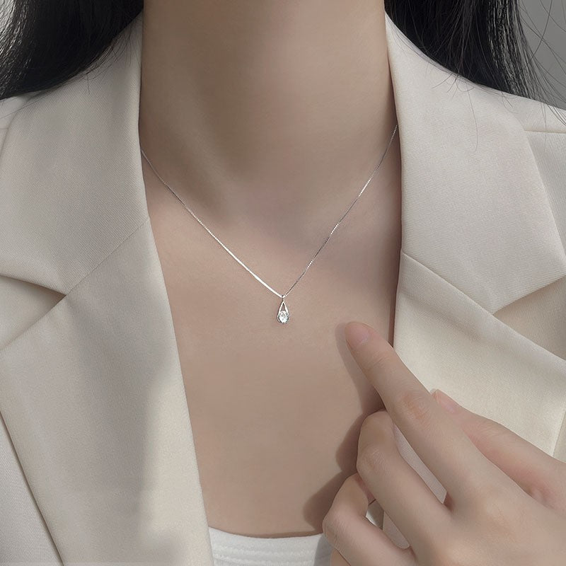Minimalist Water Droplet Necklace For Women, Sterling Silver Zircon Jewelry, Shimmering Geometric Collarbone Chain