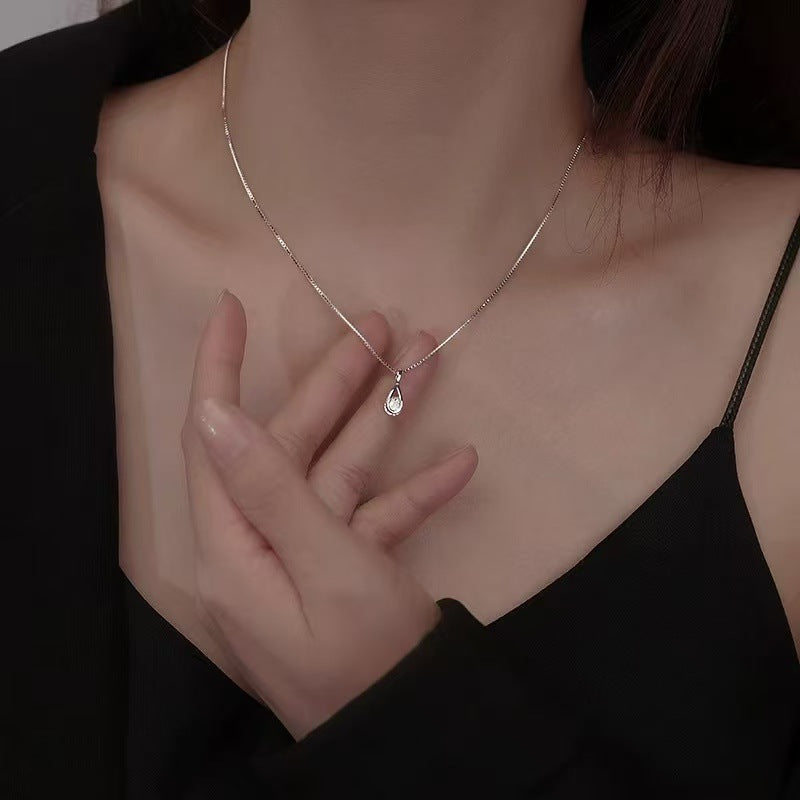 Minimalist Water Droplet Necklace For Women, Sterling Silver Zircon Jewelry, Shimmering Geometric Collarbone Chain