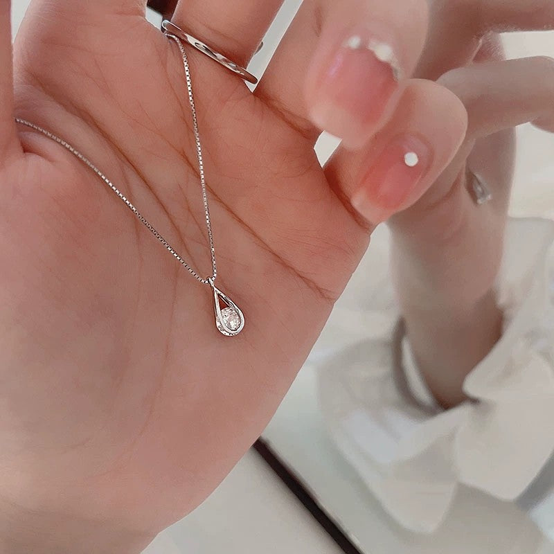 Minimalist Water Droplet Necklace For Women, Sterling Silver Zircon Jewelry, Shimmering Geometric Collarbone Chain