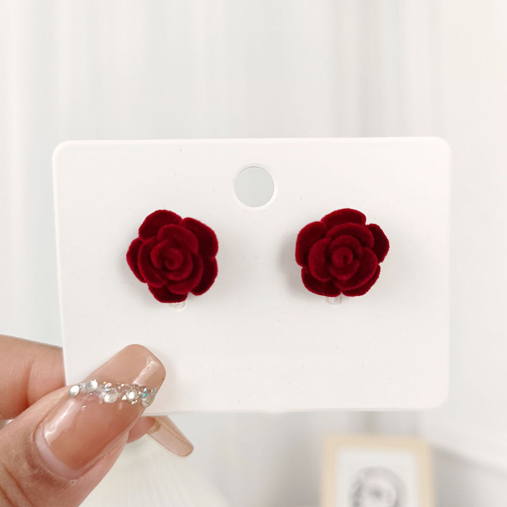 Wine Red Flower Earring Elegant, Simple Vintage Flocked Rose Stud Earrings For Women, Silver Needle Christmas Jewelry