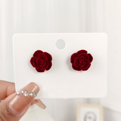 Wine Red Flower Earring Elegant, Simple Vintage Flocked Rose Stud Earrings For Women, Silver Needle Christmas Jewelry