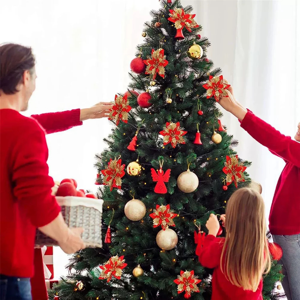Glitter Christmas Flower Decorations, Artificial Poinsettia, Pink Red Gold Tree Ornaments