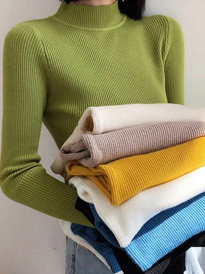 Autumn Winter Mock Neck, Vintage Solid Knitted Tops, Casual Slim Pullover for Women