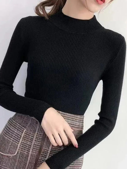 Autumn Winter Mock Neck, Vintage Solid Knitted Tops, Casual Slim Pullover for Women