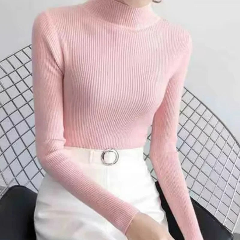 Autumn Winter Mock Neck, Vintage Solid Knitted Tops, Casual Slim Pullover for Women
