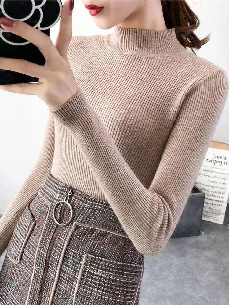 Autumn Winter Mock Neck, Vintage Solid Knitted Tops, Casual Slim Pullover for Women