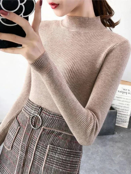 Autumn Winter Mock Neck, Vintage Solid Knitted Tops, Casual Slim Pullover for Women