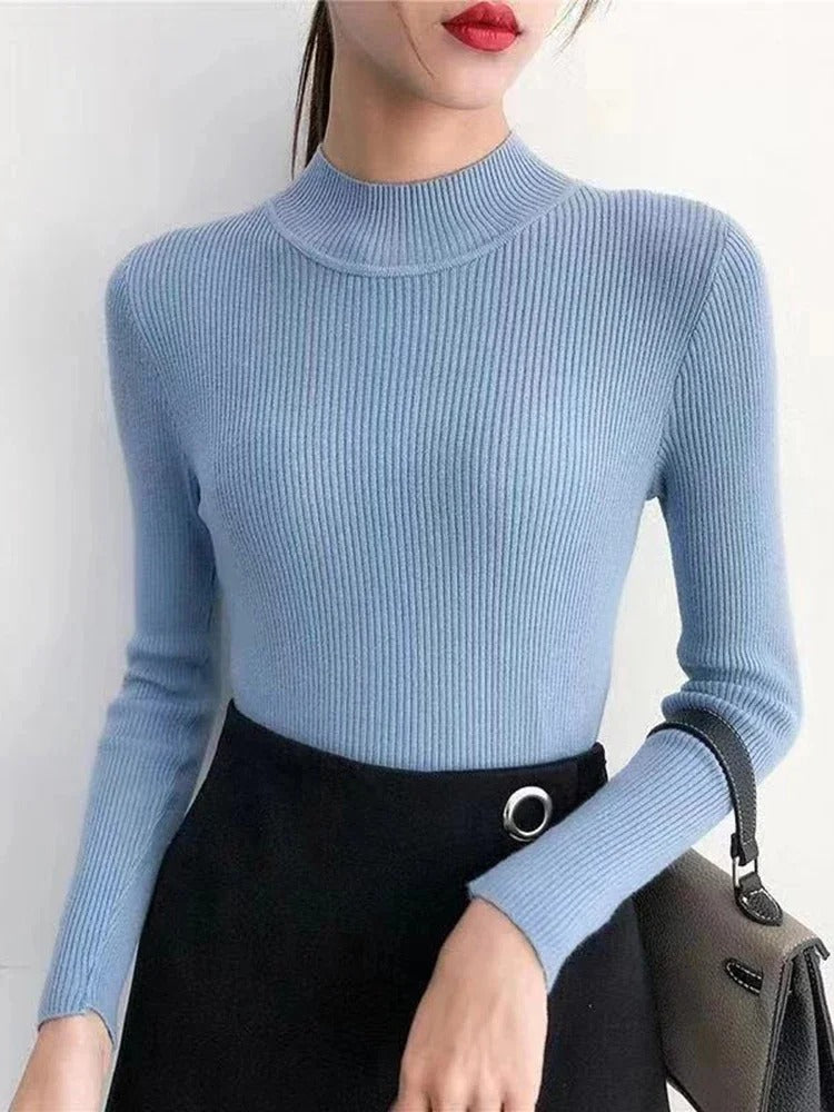 Autumn Winter Mock Neck, Vintage Solid Knitted Tops, Casual Slim Pullover for Women