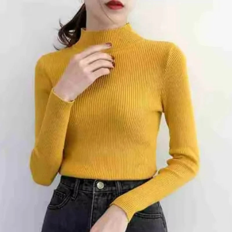 Autumn Winter Mock Neck, Vintage Solid Knitted Tops, Casual Slim Pullover for Women