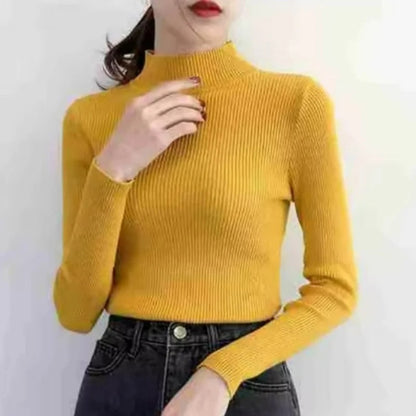 Autumn Winter Mock Neck, Vintage Solid Knitted Tops, Casual Slim Pullover for Women