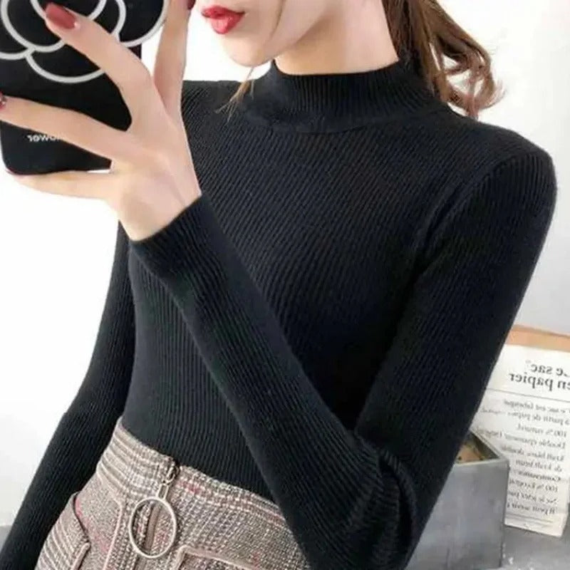 Autumn Winter Mock Neck, Vintage Solid Knitted Tops, Casual Slim Pullover for Women