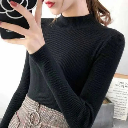 Autumn Winter Mock Neck, Vintage Solid Knitted Tops, Casual Slim Pullover for Women