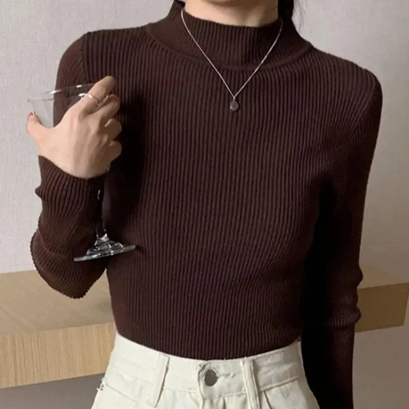 Autumn Winter Mock Neck, Vintage Solid Knitted Tops, Casual Slim Pullover for Women