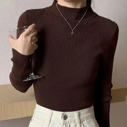 Autumn Winter Mock Neck, Vintage Solid Knitted Tops, Casual Slim Pullover for Women