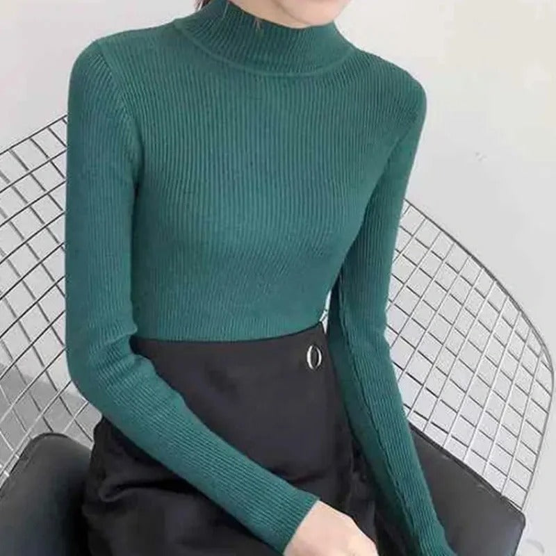 Autumn Winter Mock Neck, Vintage Solid Knitted Tops, Casual Slim Pullover for Women