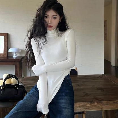Winter Women Classic Long Sleeve Turtleneck Tops, Comfortable Thermal Pullover, Female Retro Versatile Elastic
