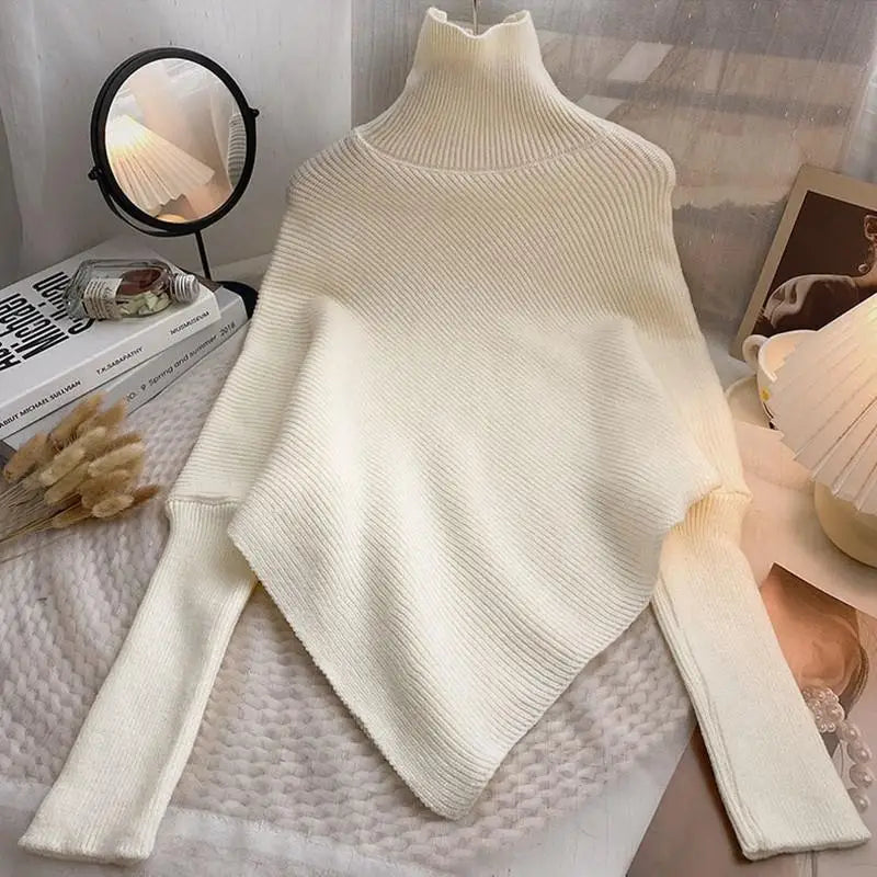 Autumn Winter Knit Sweater Vintage Irregular Loose Pullover Chic High Neck Women Fashion Tops 6