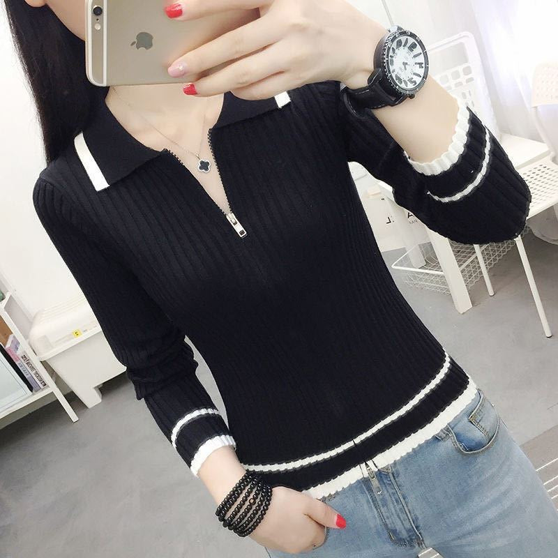 Autumn Spring Style Women Knitted Pullover Tops Casual Zipper VNeck Sweater Soft Lady Knitwear 6