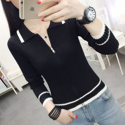Autumn Spring Style Women Knitted Pullover Tops Casual Zipper VNeck Sweater Soft Lady Knitwear 6