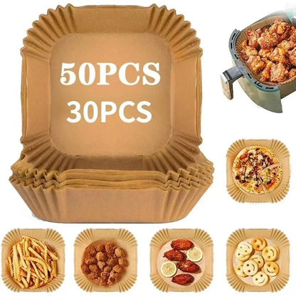 EasyClean Air Fryer Paper Liners – 50 Pack Non-Stick Square & Round Baking & BBQ Mats