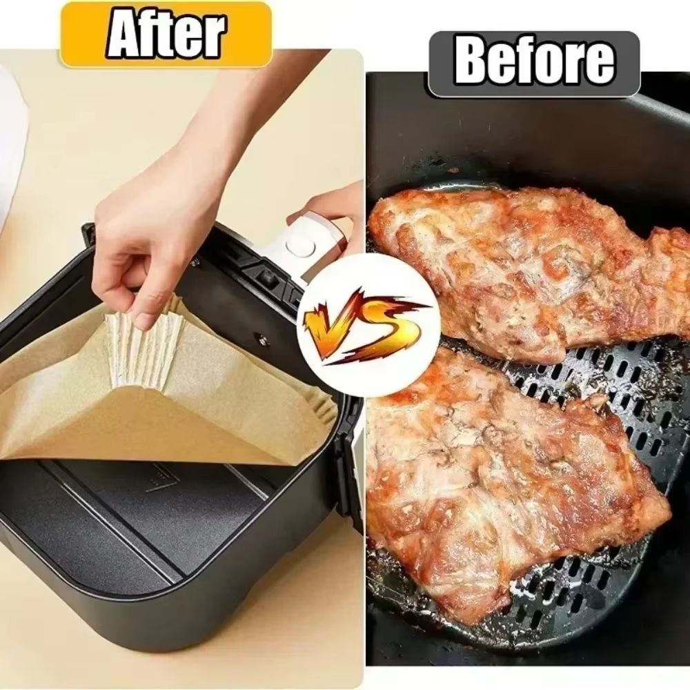 EasyClean Air Fryer Paper Liners  50 Pack NonStick Square  Round Baking  BBQ Mats 2
