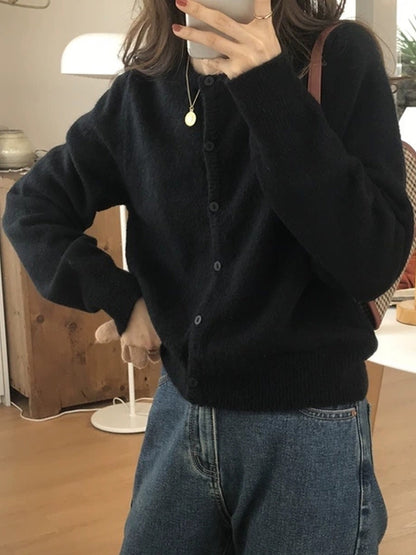 New Fashion Solid Color Knitted Cardigan Sweater, Autumn Winter Long Sleeve Buttons Sweater Coat, Elegant Casual Loose
