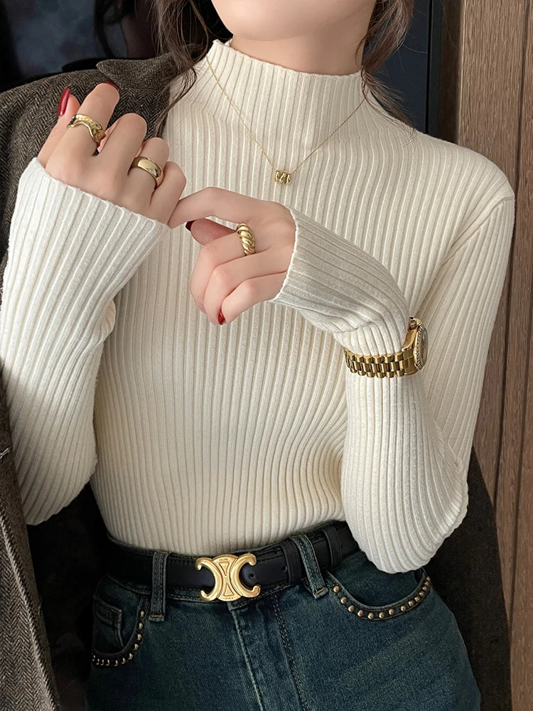 Women Long Sleeve Turtleneck Sweater, Chic Autumn Winter Knit Pullover, Solid Color Slim Casual Warm Jumper Top