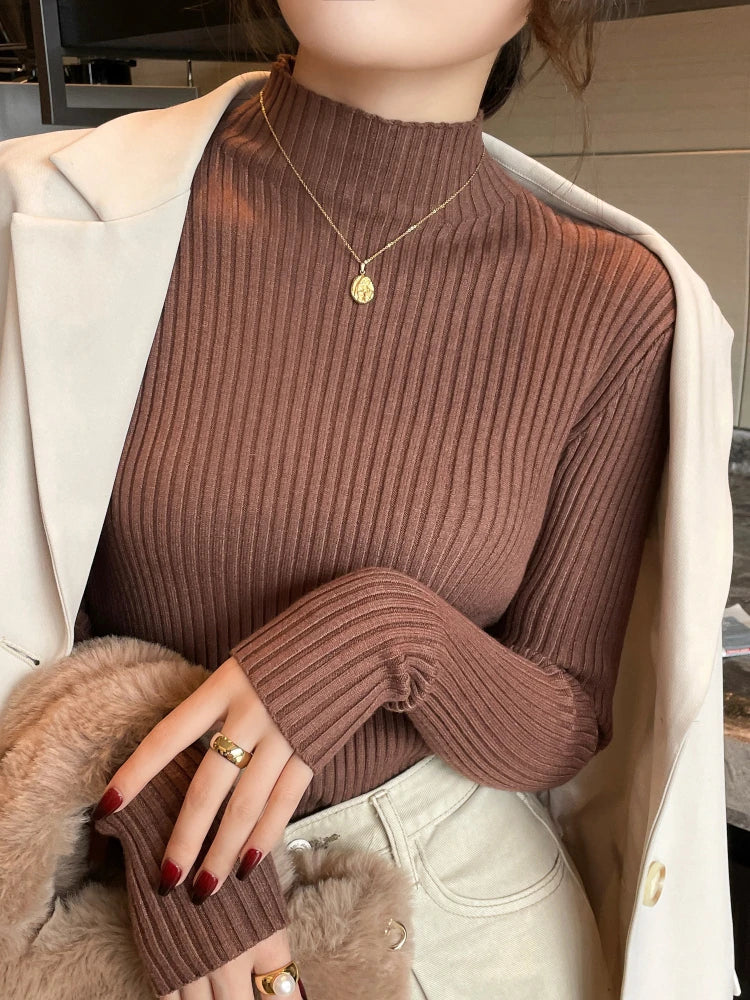 Women Long Sleeve Turtleneck Sweater, Chic Autumn Winter Knit Pullover, Solid Color Slim Casual Warm Jumper Top