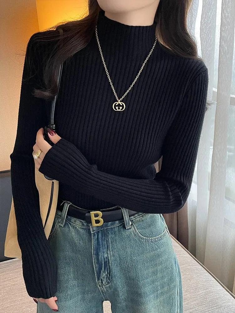 Women Long Sleeve Turtleneck Sweater, Chic Autumn Winter Knit Pullover, Solid Color Slim Casual Warm Jumper Top