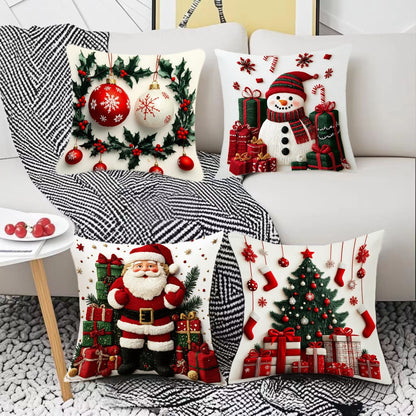 Print Throw Pillowcase Santa, Linen Plush Cartoon Snowman, Merry Christmas Decor, Happy New Year
