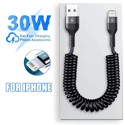 30W Fast Charging Retractable Car Charger Cable for iPhone