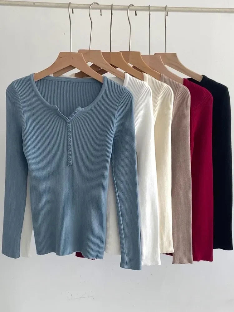 Soft Warm Tops for Women, Autumn Winter Button V Neck Sweater, Basic Slim Pullover, Knit Jumper for Cozy Style