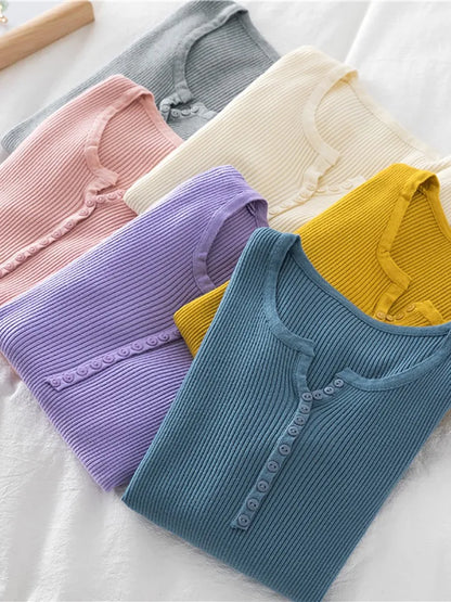 Soft Warm Tops for Women, Autumn Winter Button V Neck Sweater, Basic Slim Pullover, Knit Jumper for Cozy Style