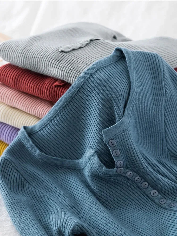 Soft Warm Tops for Women, Autumn Winter Button V Neck Sweater, Basic Slim Pullover, Knit Jumper for Cozy Style