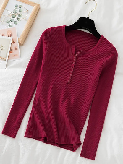 Soft Warm Tops for Women, Autumn Winter Button V Neck Sweater, Basic Slim Pullover, Knit Jumper for Cozy Style