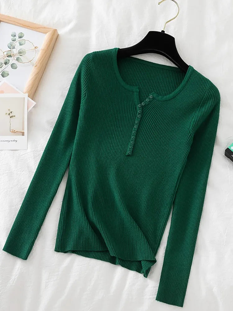 Soft Warm Tops for Women, Autumn Winter Button V Neck Sweater, Basic Slim Pullover, Knit Jumper for Cozy Style