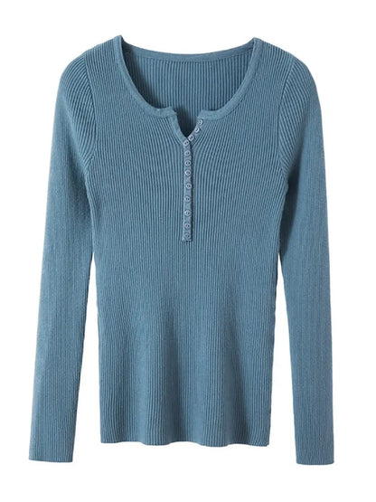 Soft Warm Tops for Women, Autumn Winter Button V Neck Sweater, Basic Slim Pullover, Knit Jumper for Cozy Style