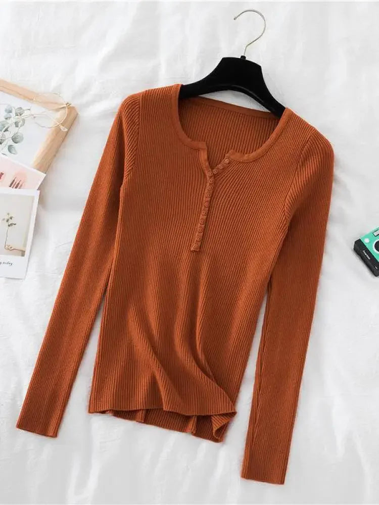 Soft Warm Tops for Women, Autumn Winter Button V Neck Sweater, Basic Slim Pullover, Knit Jumper for Cozy Style