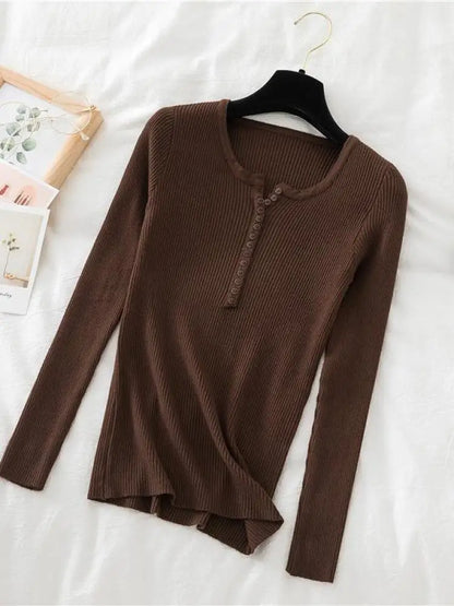 Soft Warm Tops for Women, Autumn Winter Button V Neck Sweater, Basic Slim Pullover, Knit Jumper for Cozy Style