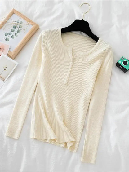 Soft Warm Tops for Women, Autumn Winter Button V Neck Sweater, Basic Slim Pullover, Knit Jumper for Cozy Style